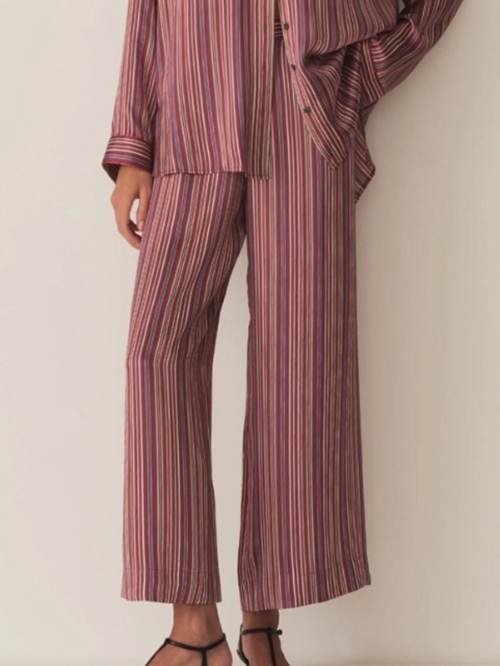 Doen Georgie Silk Wide Leg High Waist Button Pants Trousers Le Marais Stripe Red